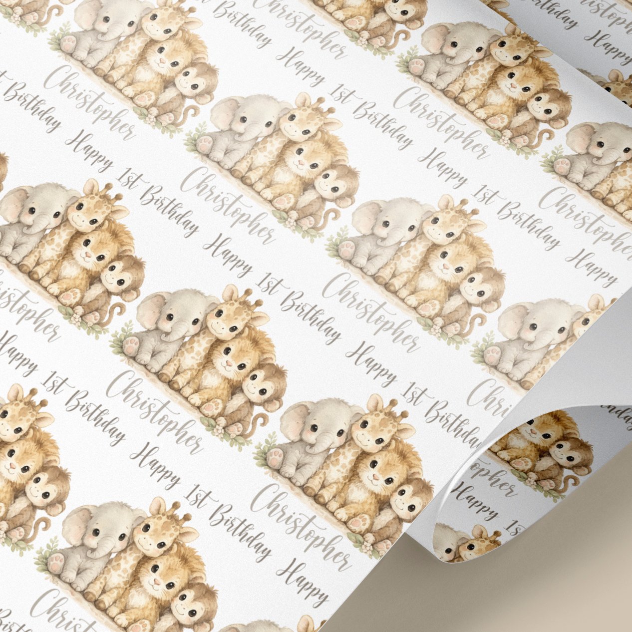 Neutral baby animal wrapping paper for newborn and first birthday gifts