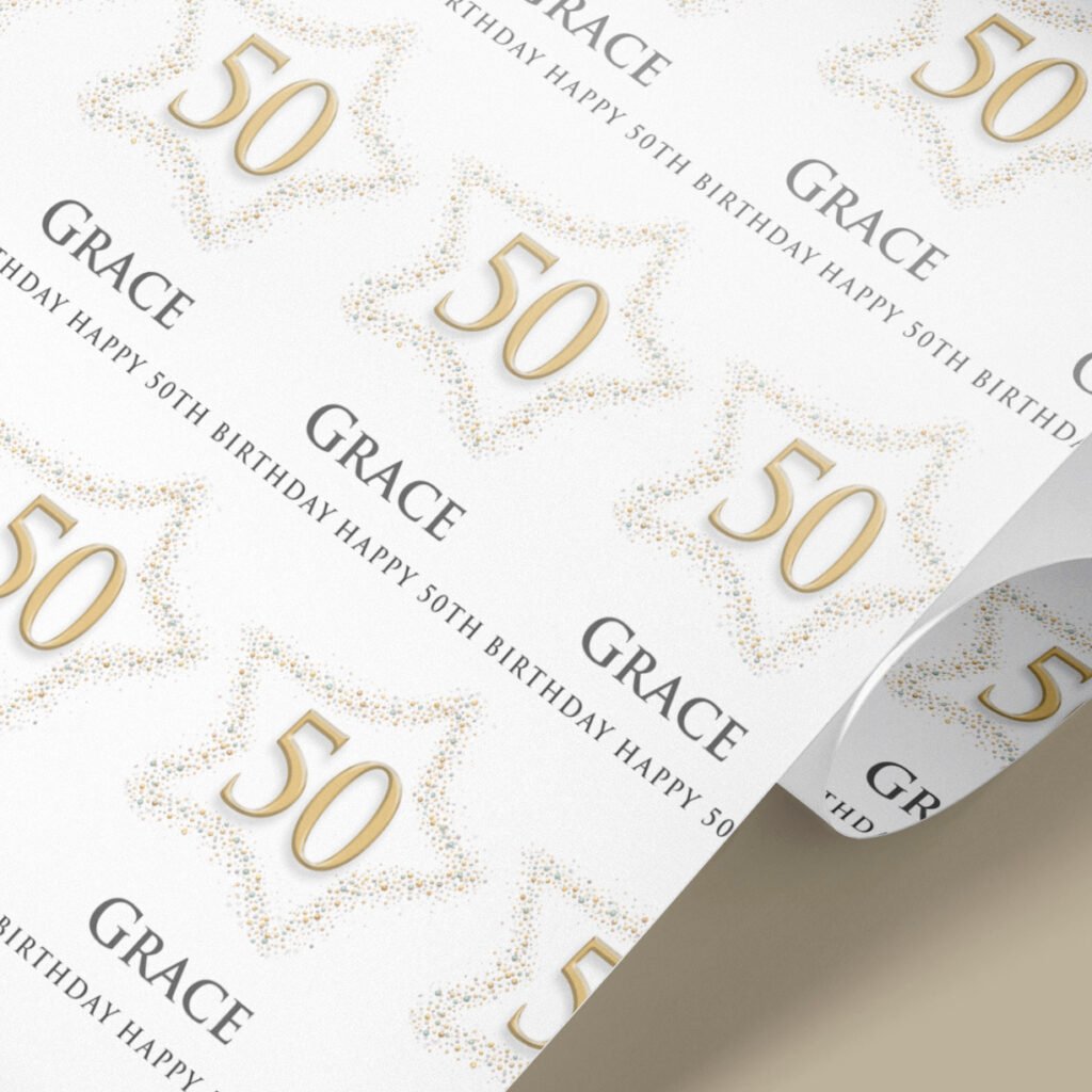Personalised birthday wrapping paper UK with gold age number and custom name on luxury white matte paper