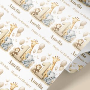 Personalised safari 1st birthday wrapping paper with name