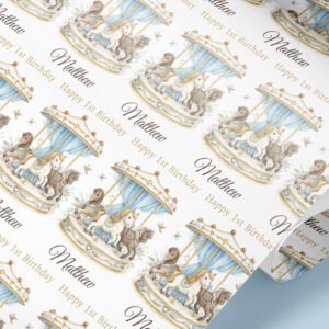 Personalised carousel 1st birthday wrapping paper with name