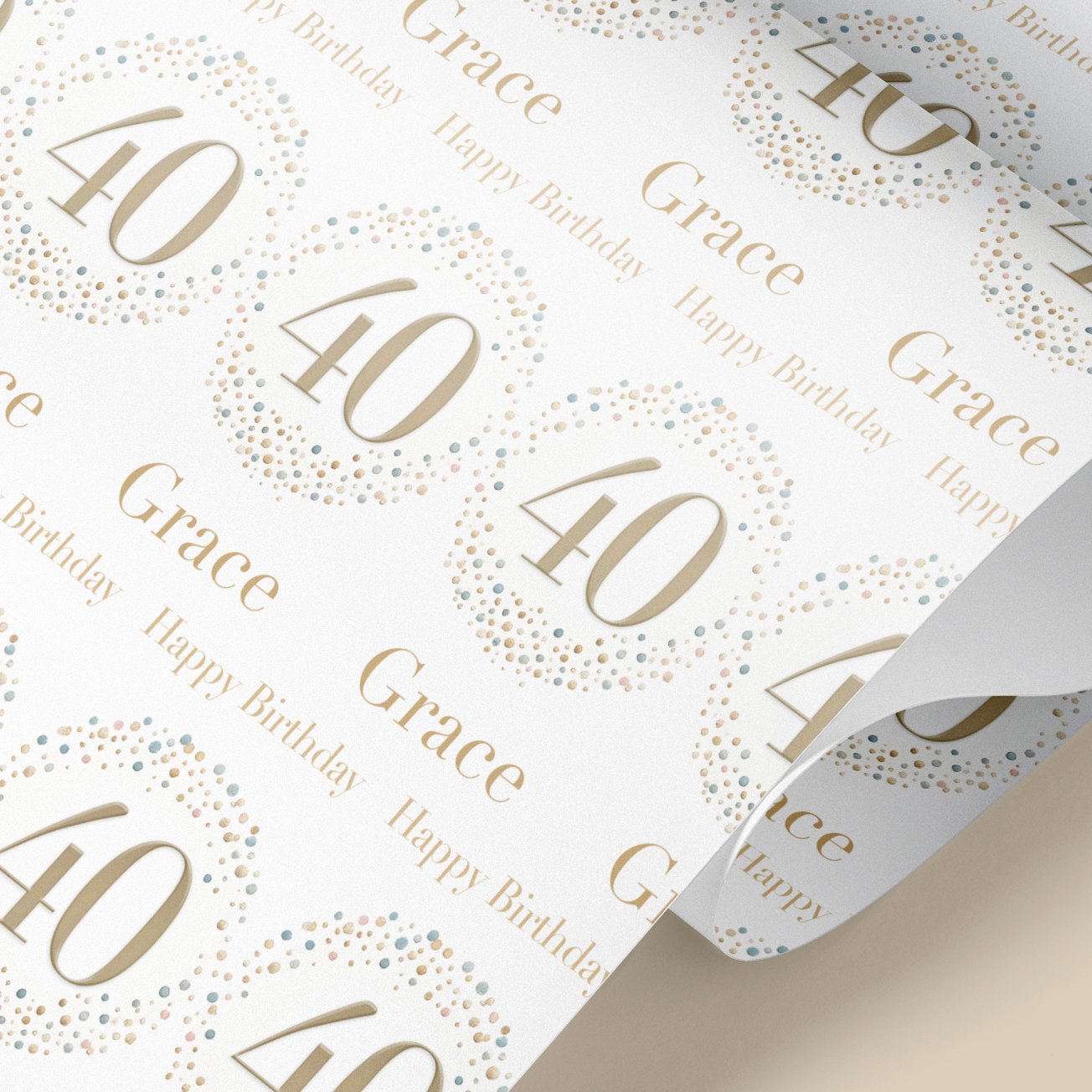 Personalised milestone birthday wrapping paper with gold confetti design