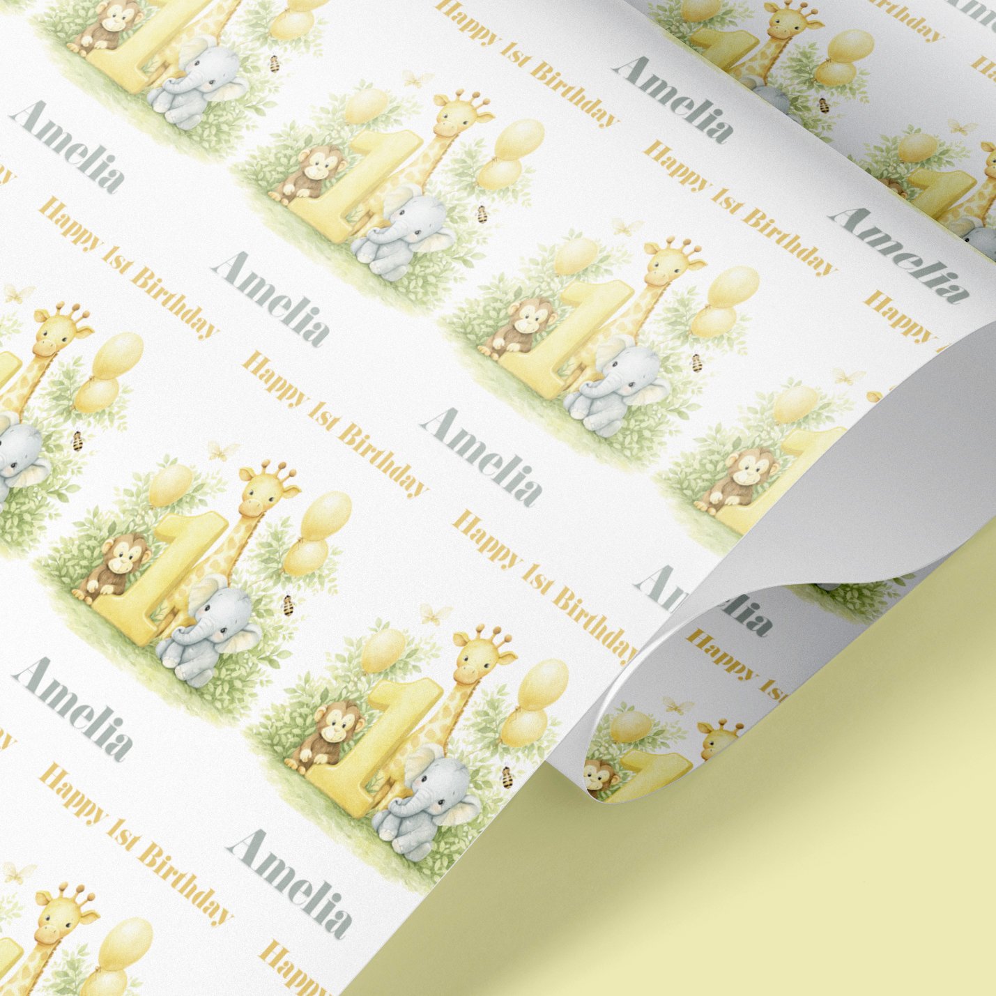 Personalised lemon safari wrapping paper with name