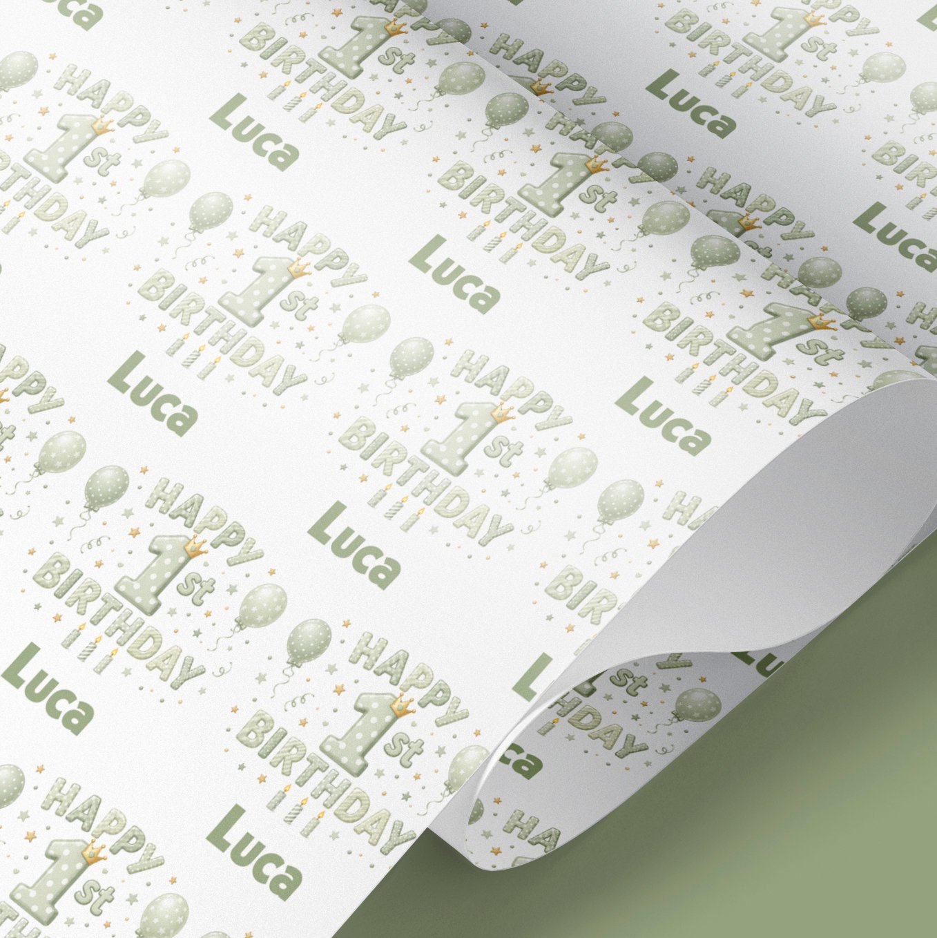 personalised sage green 1st birthday wrapping paper
