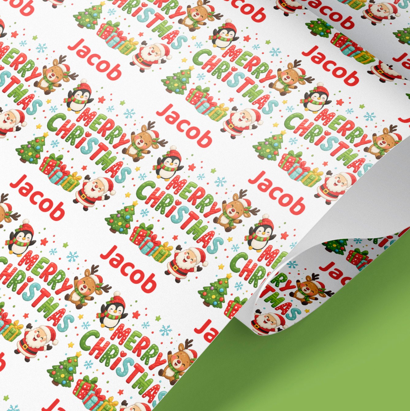 Personalised Merry Christmas wrapping paper with festive characters
